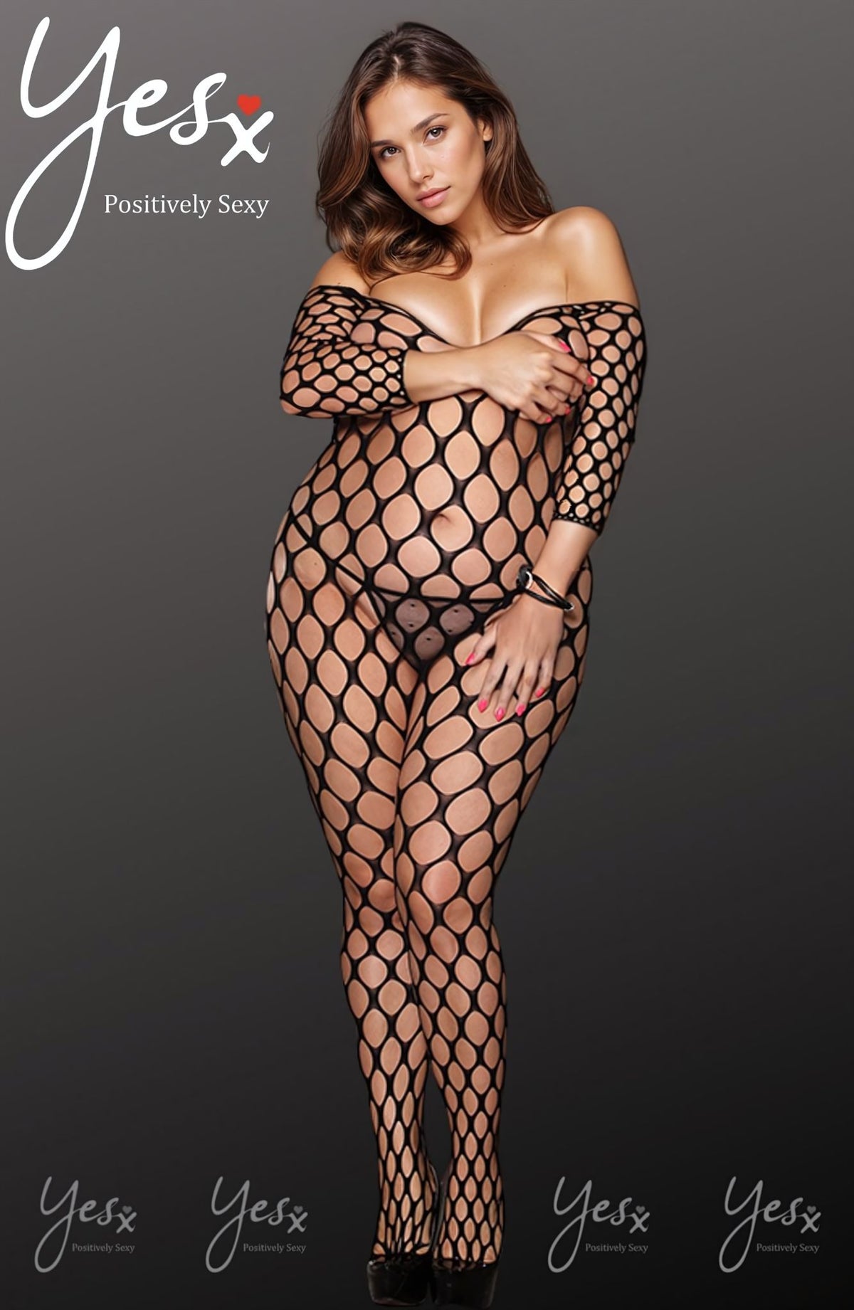 YesX Fishnet Three Quarter Sleeve Full Bodystocking One Size (Plus) Black