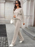 Ribbed Round Neck Top and Pants Two-piece Loungewear Set