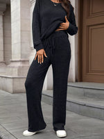 Ribbed Round Neck Top and Pants Two-piece Loungewear Set Black
