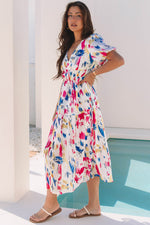 Abstract Print Short Puff Sleeve Tiered Maxi Dress