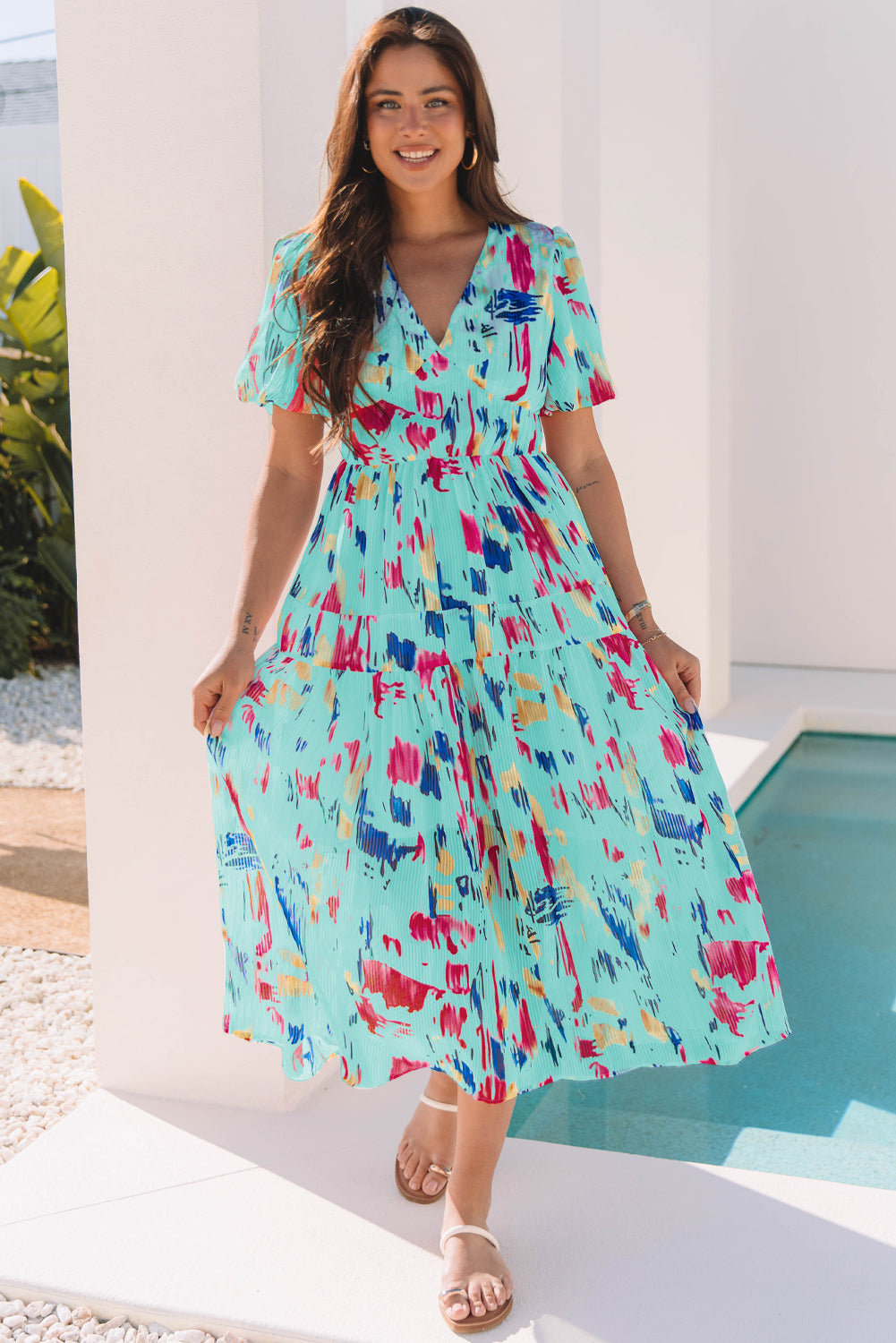 Abstract Print Short Puff Sleeve Tiered Maxi Dress