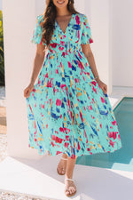Abstract Print Short Puff Sleeve Tiered Maxi Dress