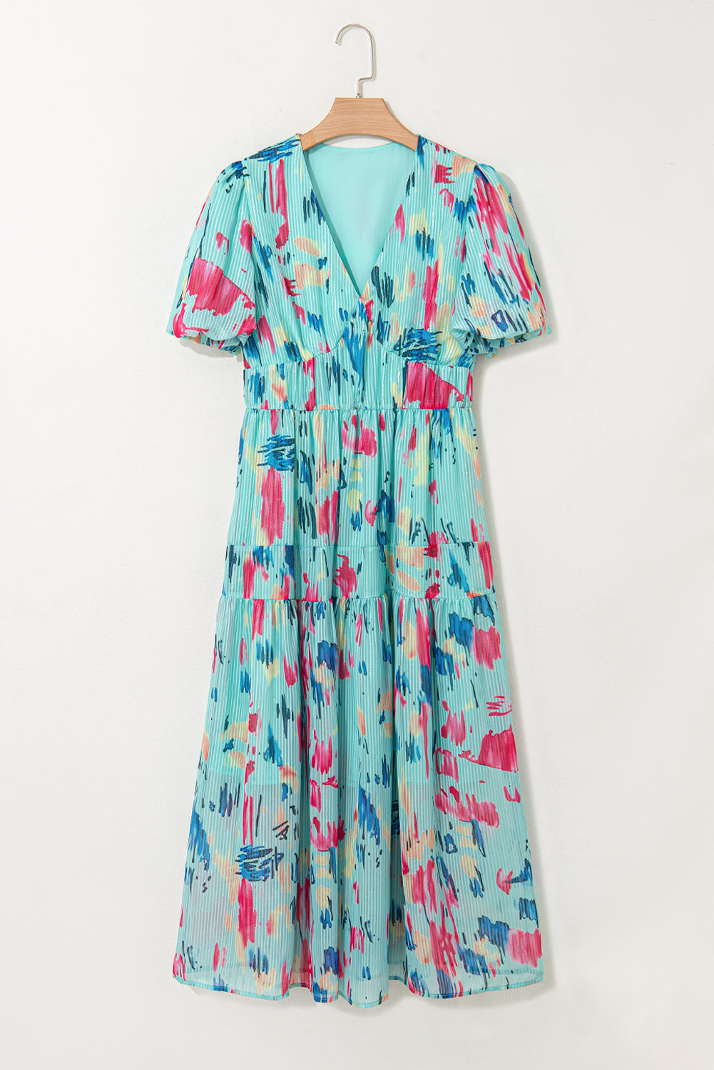 Abstract Print Short Puff Sleeve Tiered Maxi Dress