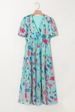 Abstract Print Short Puff Sleeve Tiered Maxi Dress