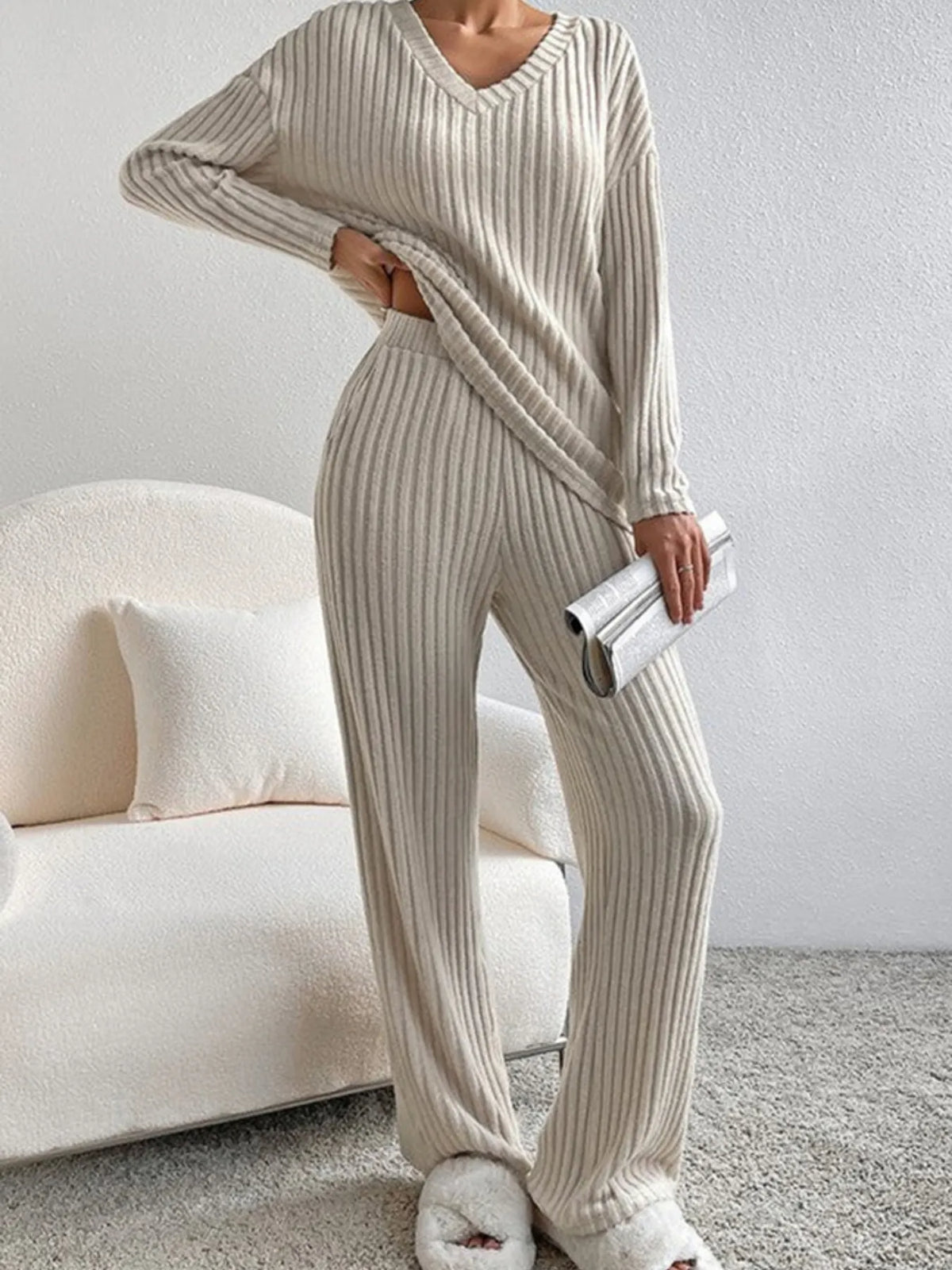 Ribbed Knit V-Neck Top and Pants Loungewear Set