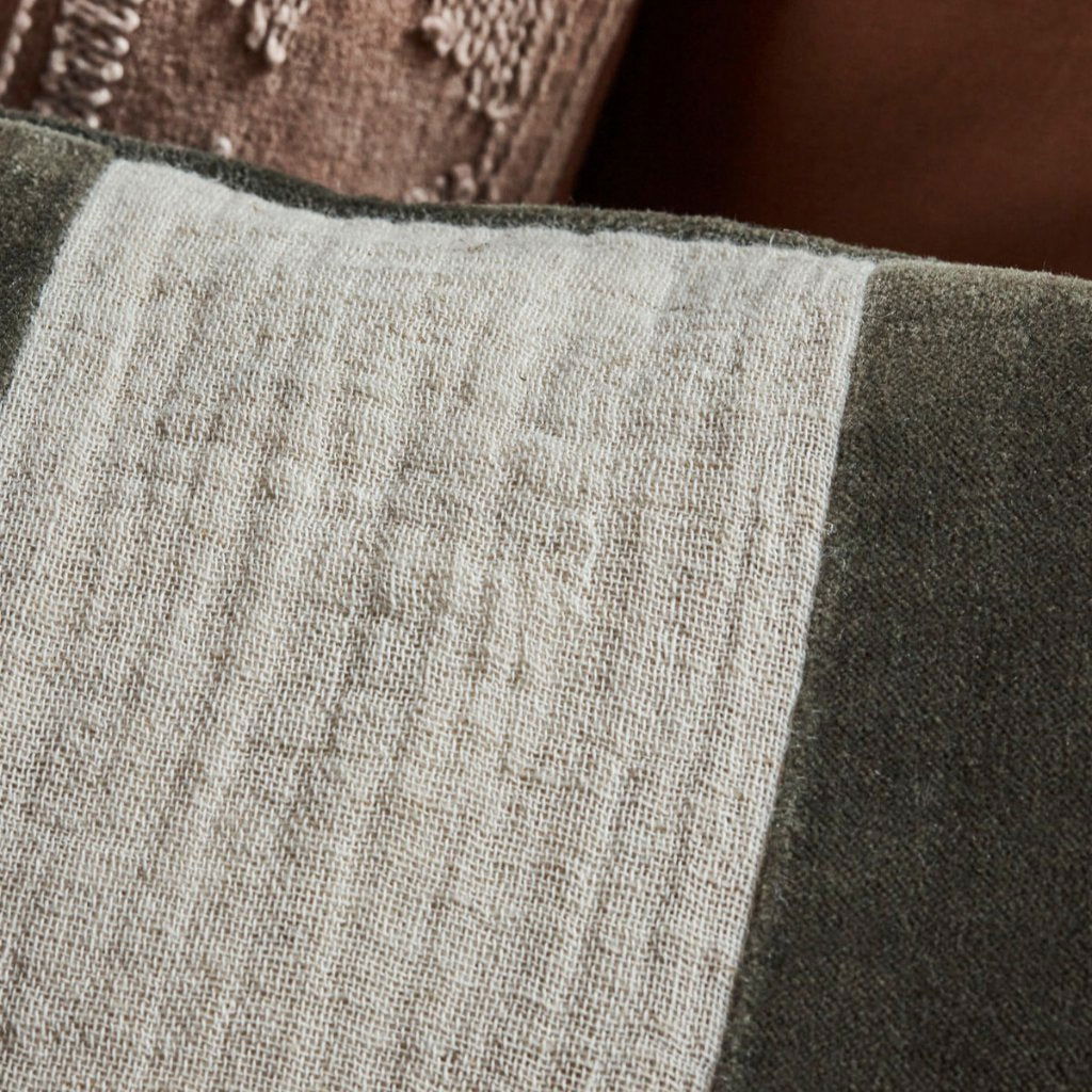 Amber Linen Velvet Handmade Cushion in Striped Green & Cream