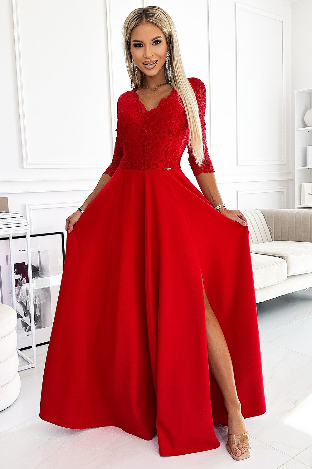 Numoco Amber Long Maxi Occasion Lace Top Dress | 10 Colours red