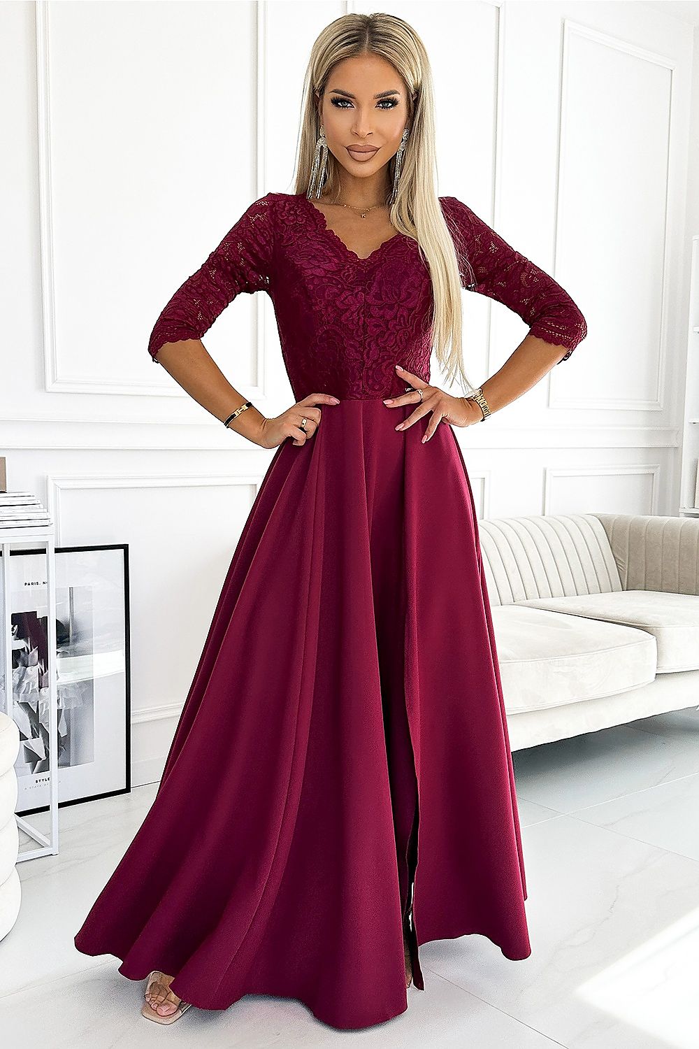 Numoco Amber Long Maxi Occasion Lace Top Dress | 10 Colours red 2