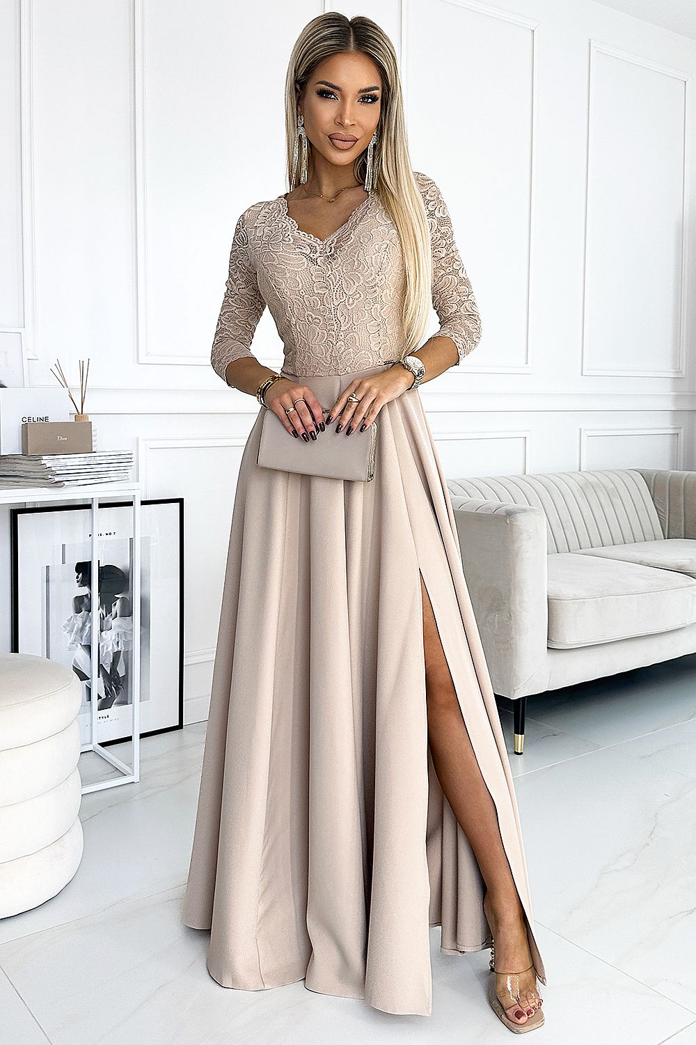Numoco Amber Long Maxi Occasion Lace Top Dress | 10 Colours beige