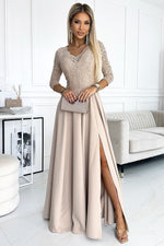 Numoco Amber Long Maxi Occasion Lace Top Dress | 10 Colours beige
