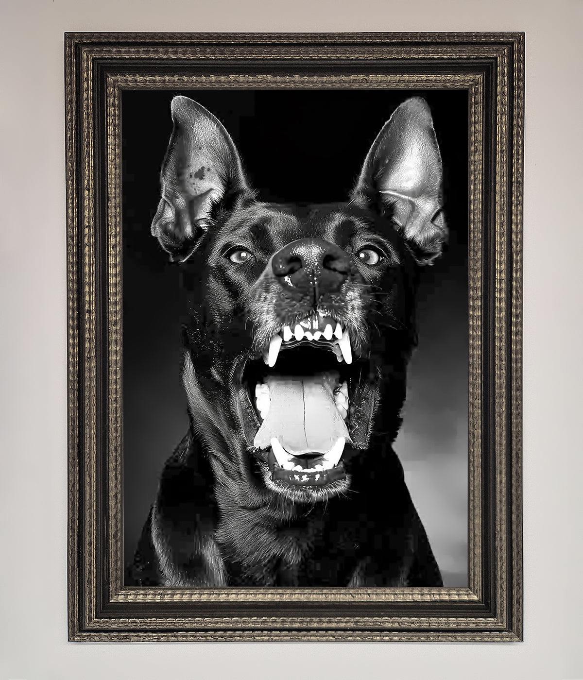 Angry Doberman Dog Framed Wall Art Ornate Silver Black