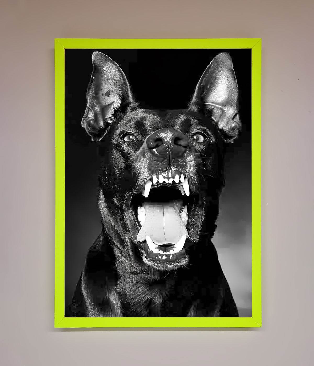 Angry Doberman Dog Framed Wall Art Neon Green