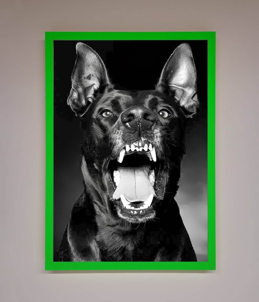 Angry Doberman Dog Framed Wall Art Neon Dark Green