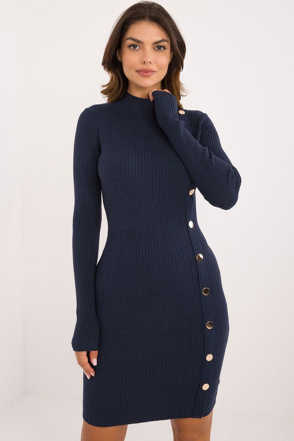 AT Knitted Half-Turtleneck Pencil Daydress with Decorative Buttons navy blue