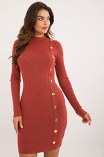 AT Knitted Half-Turtleneck Pencil Daydress with Decorative Buttons orange