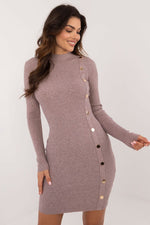AT Knitted Half-Turtleneck Pencil Daydress with Decorative Buttons violet