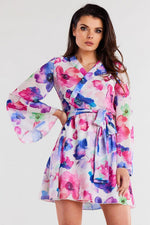Awama Chiffon Kimono Daydress with Elastic Lining and Adjustable Belt multicolor