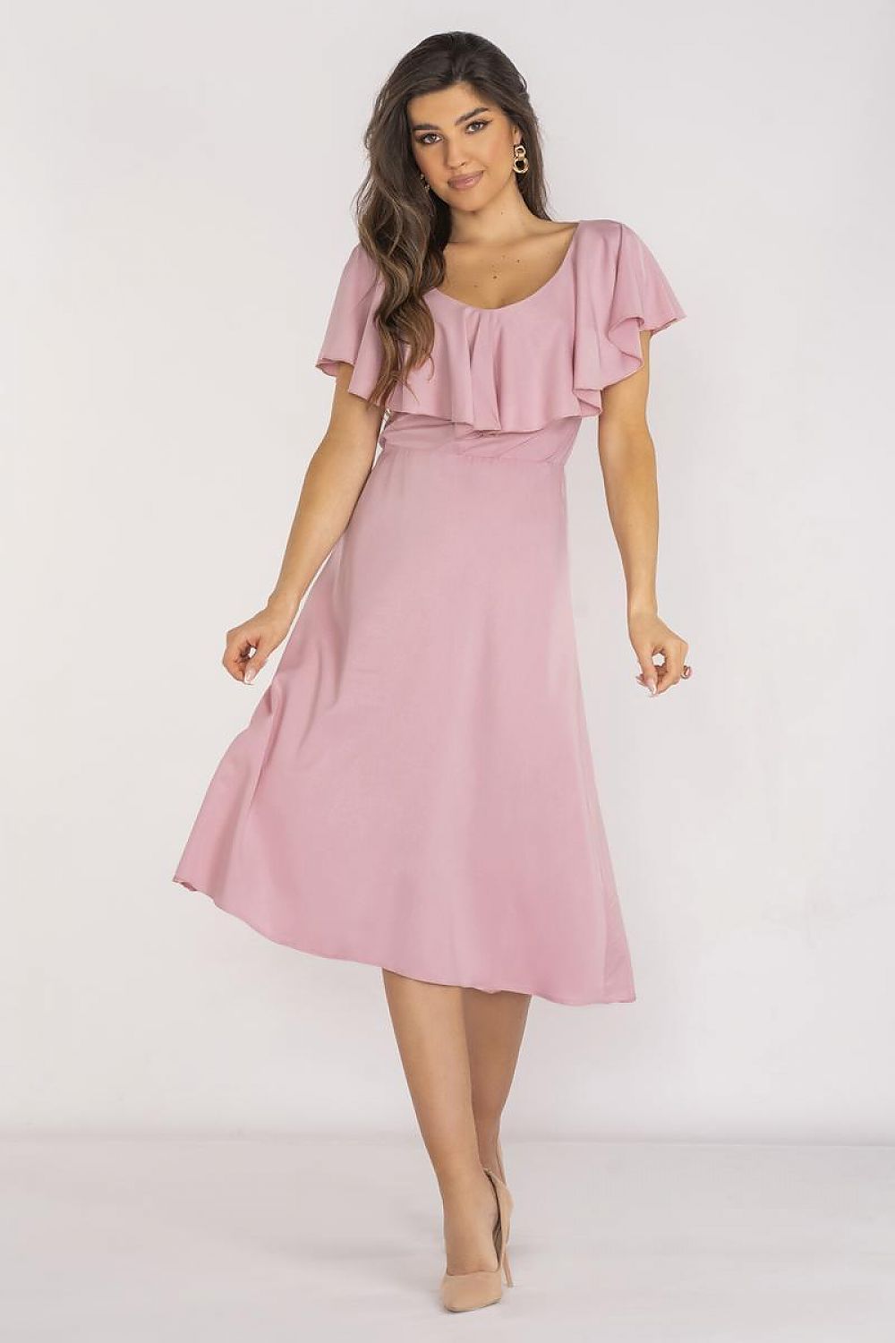 Awama Elegant Midi Daydress with Ruffled Neckline pink