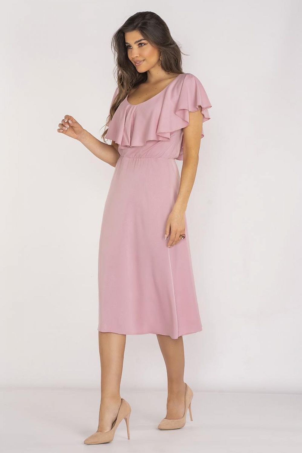 Awama Elegant Midi Daydress with Ruffled Neckline