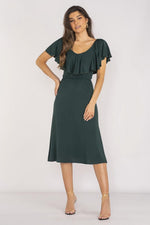 Awama Elegant Midi Daydress with Ruffled Neckline green