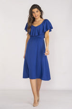 Awama Elegant Midi Daydress with Ruffled Neckline blue