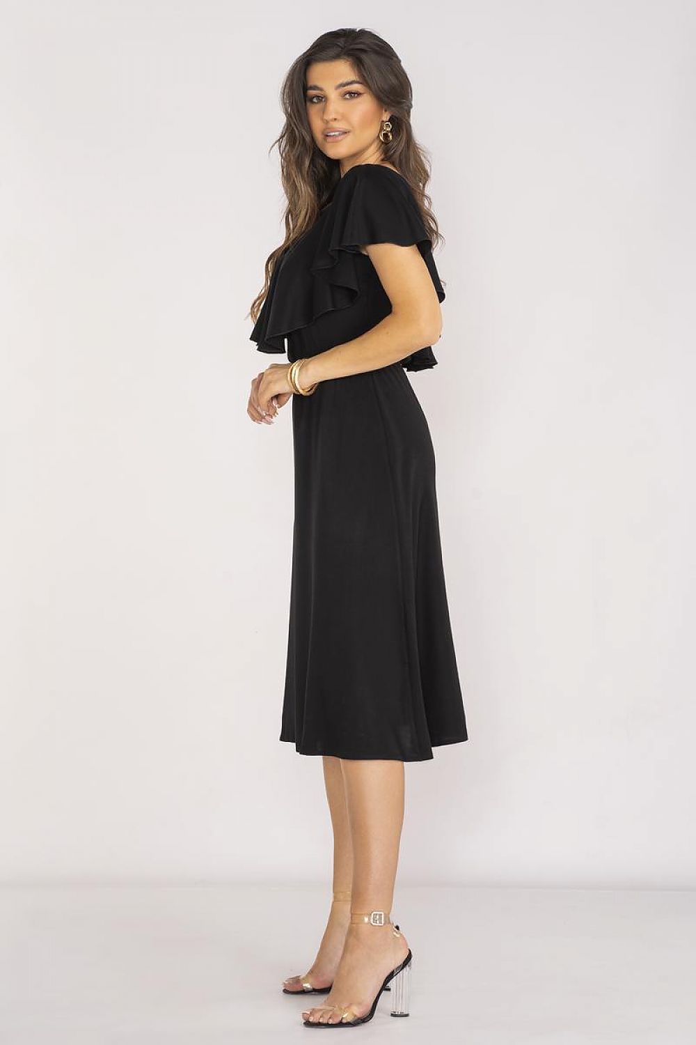 Awama Elegant Midi Daydress with Ruffled Neckline