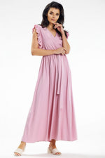 Awama Maxi Daydress with Envelope Neckline and Ruffled Shoulders pink