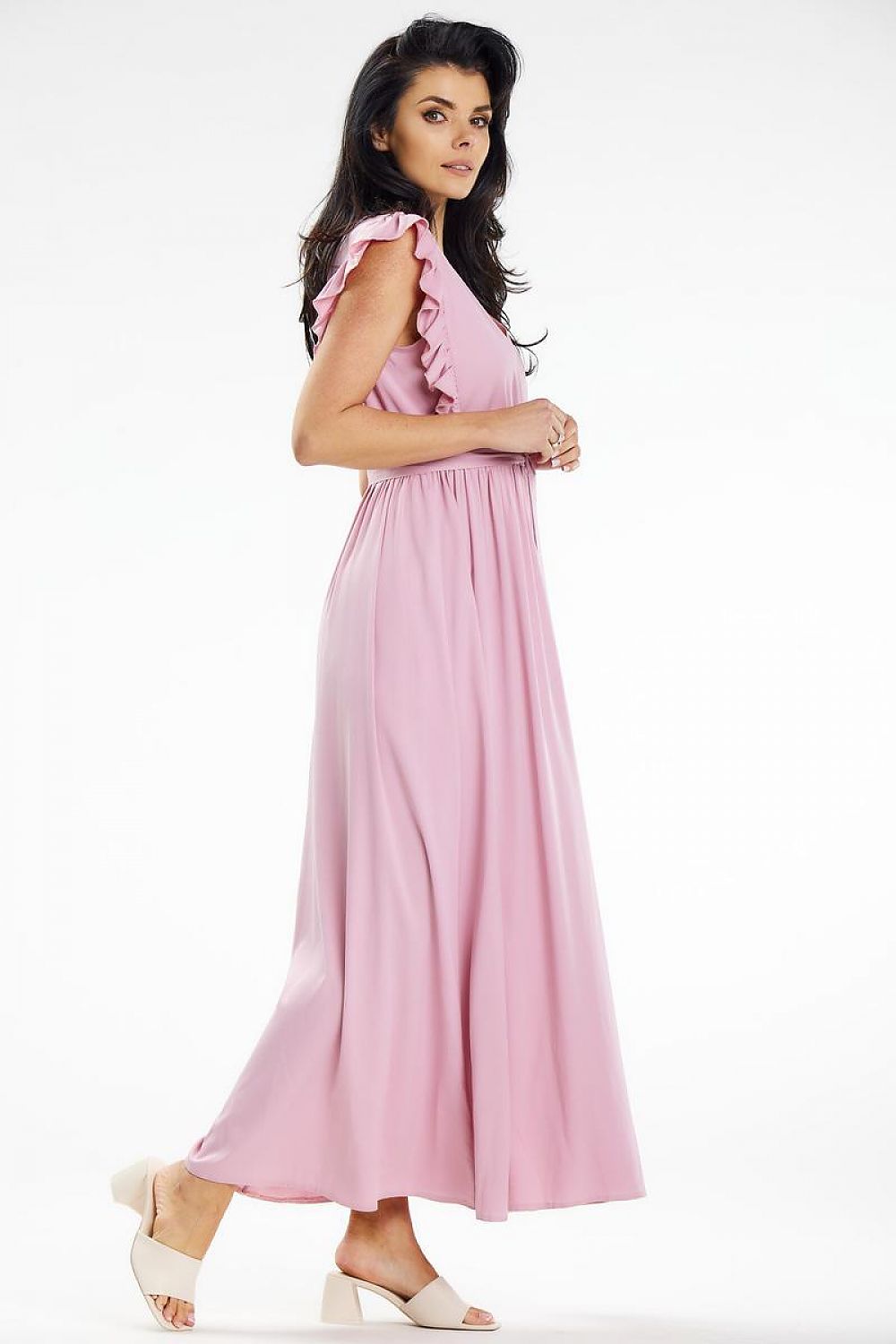 Awama Maxi Daydress with Envelope Neckline and Ruffled Shoulders
