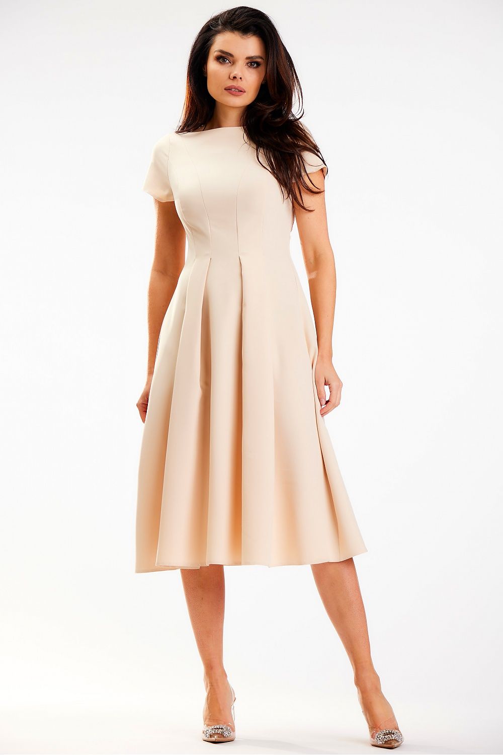 Awama Midi Day Dress with Boat Neckline beige