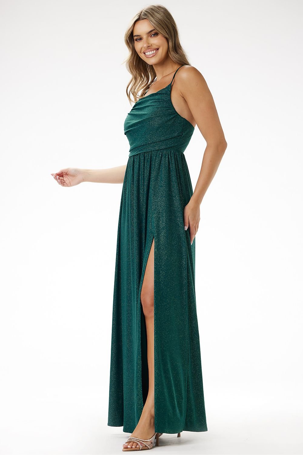 Awama Velour Sequin Evening Maxi Dress with Delicate Straps