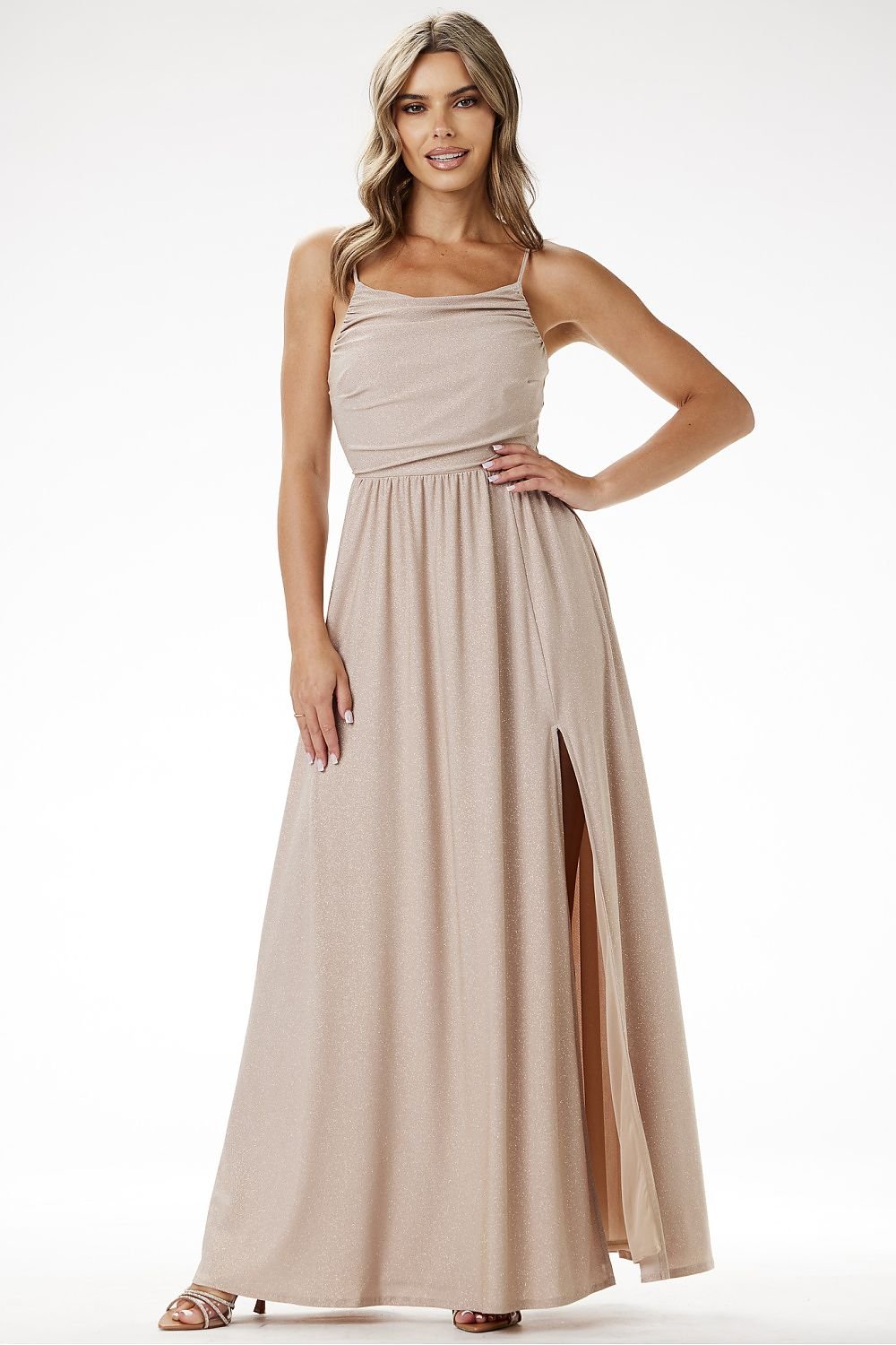 Awama Velour Sequin Evening Maxi Dress with Delicate Straps beige