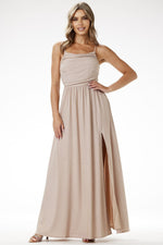 Awama Velour Sequin Evening Maxi Dress with Delicate Straps beige