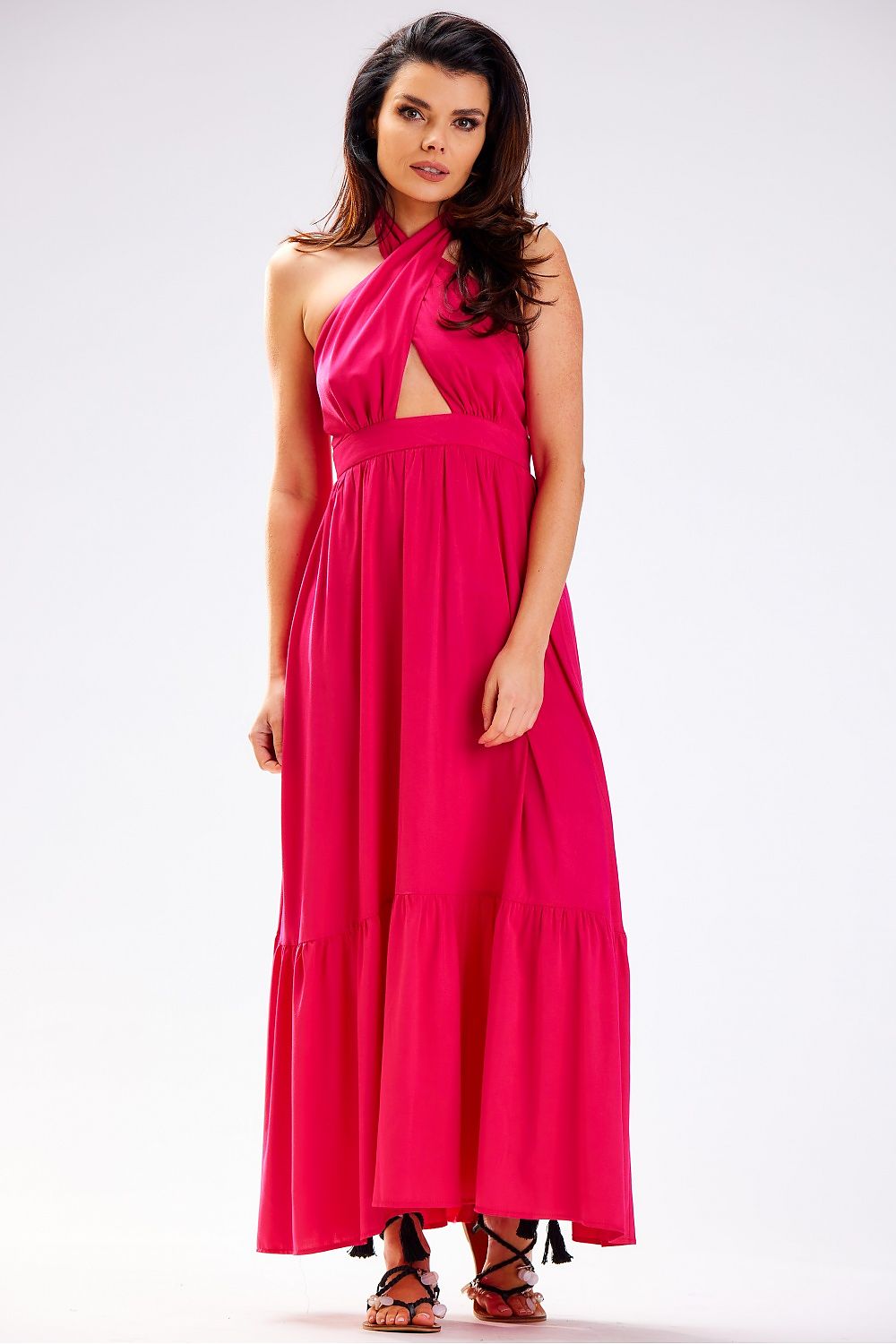 Awama Viscose Tie-Neck Long Daydress with Frilled Hem pink