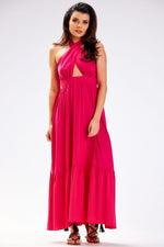 Awama Viscose Tie-Neck Long Daydress with Frilled Hem pink