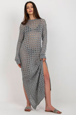 Badu Openwork Long Knit Long-Sleeve Beach Dress with Side Slits grey one-size-fits-all