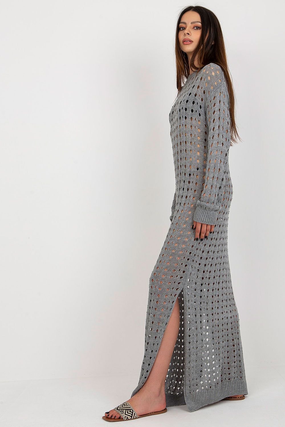Badu Openwork Long Knit Long-Sleeve Beach Dress with Side Slits