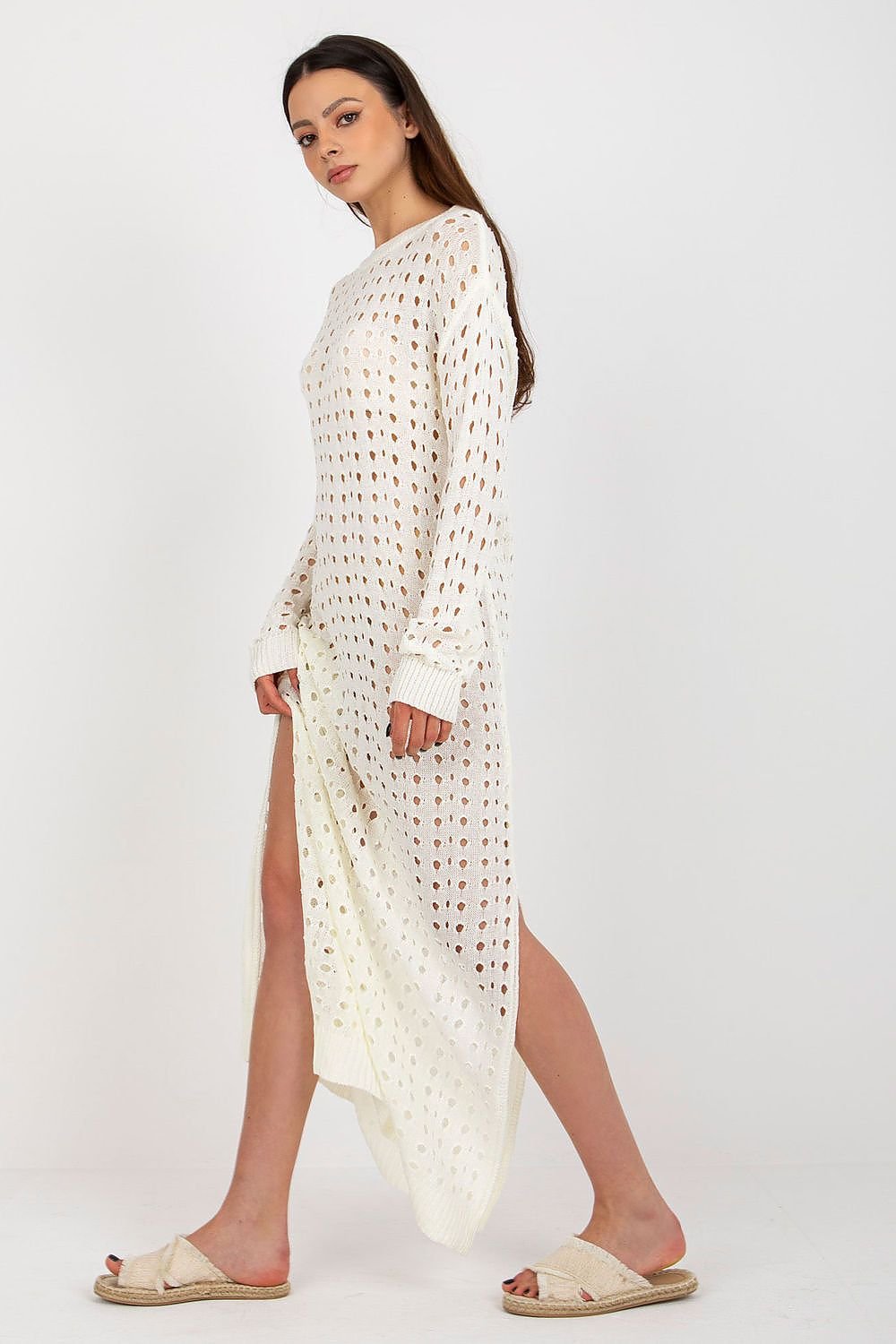 Badu Openwork Long Knit Long-Sleeve Beach Dress with Side Slits