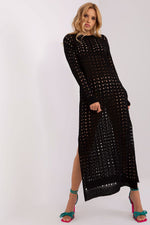 Badu Openwork Long Knit Long-Sleeve Beach Dress with Side Slits black one-size-fits-all