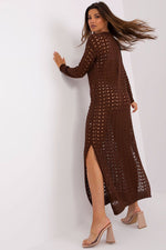 Badu Openwork Long Knit Long-Sleeve Beach Dress with Side Slits brown one-size-fits-all
