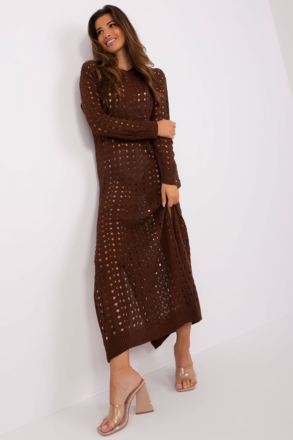 Badu Openwork Long Knit Long-Sleeve Beach Dress with Side Slits