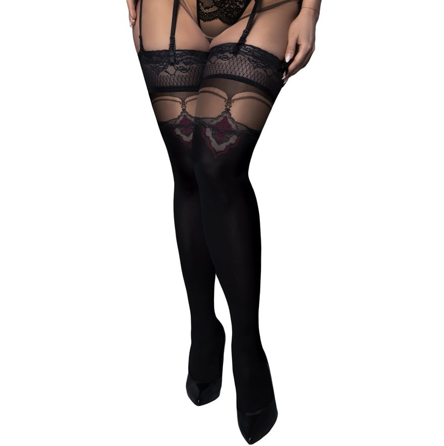 Ballerina Plus Size Black Hold Ups with Faux Suspender & Red Detail