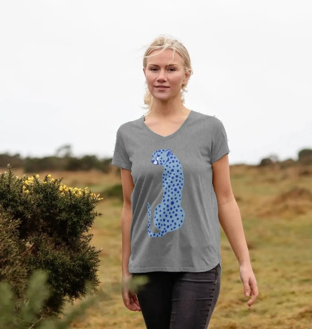 Blue Cheetah V Neck T-Shirt