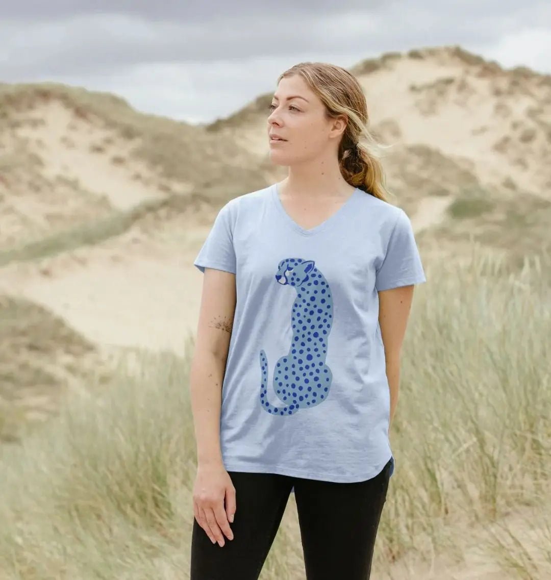 Blue Cheetah V Neck T-Shirt