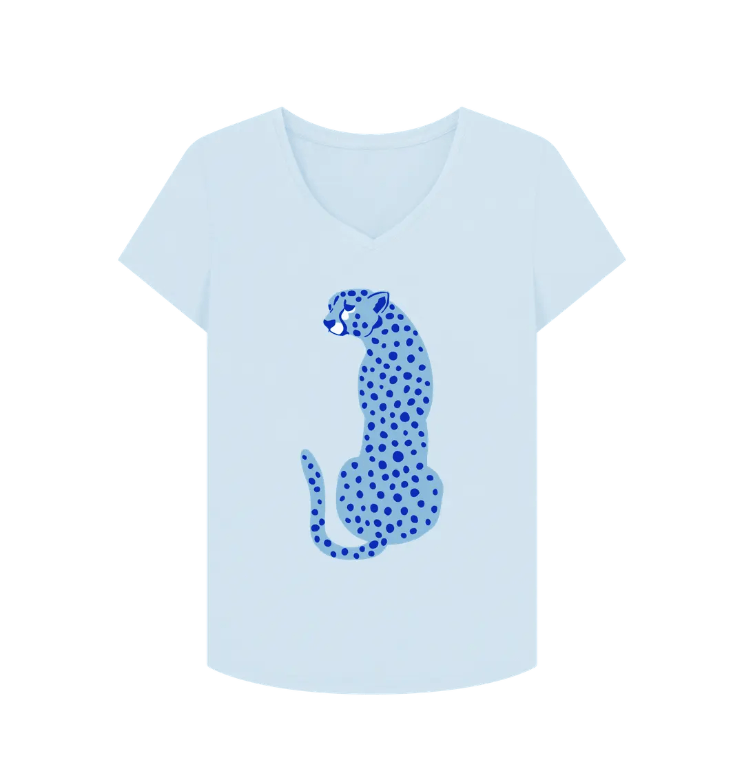 Blue Cheetah V Neck T-Shirt Sky Blue