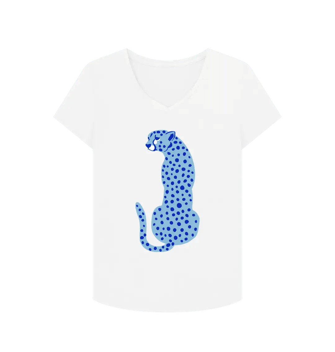 Blue Cheetah V Neck T-Shirt White 8
