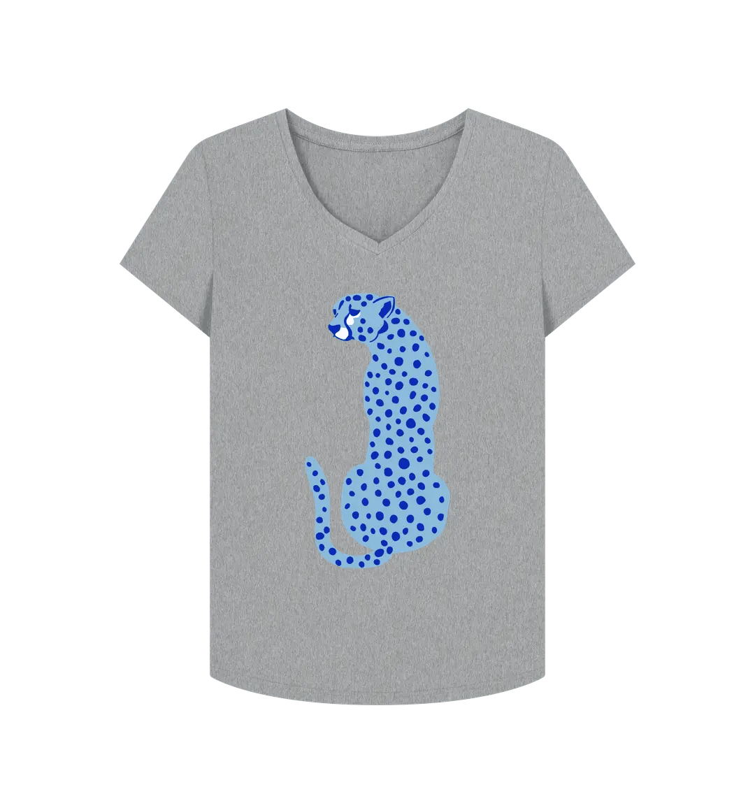 Blue Cheetah V Neck T-Shirt Athletic Grey