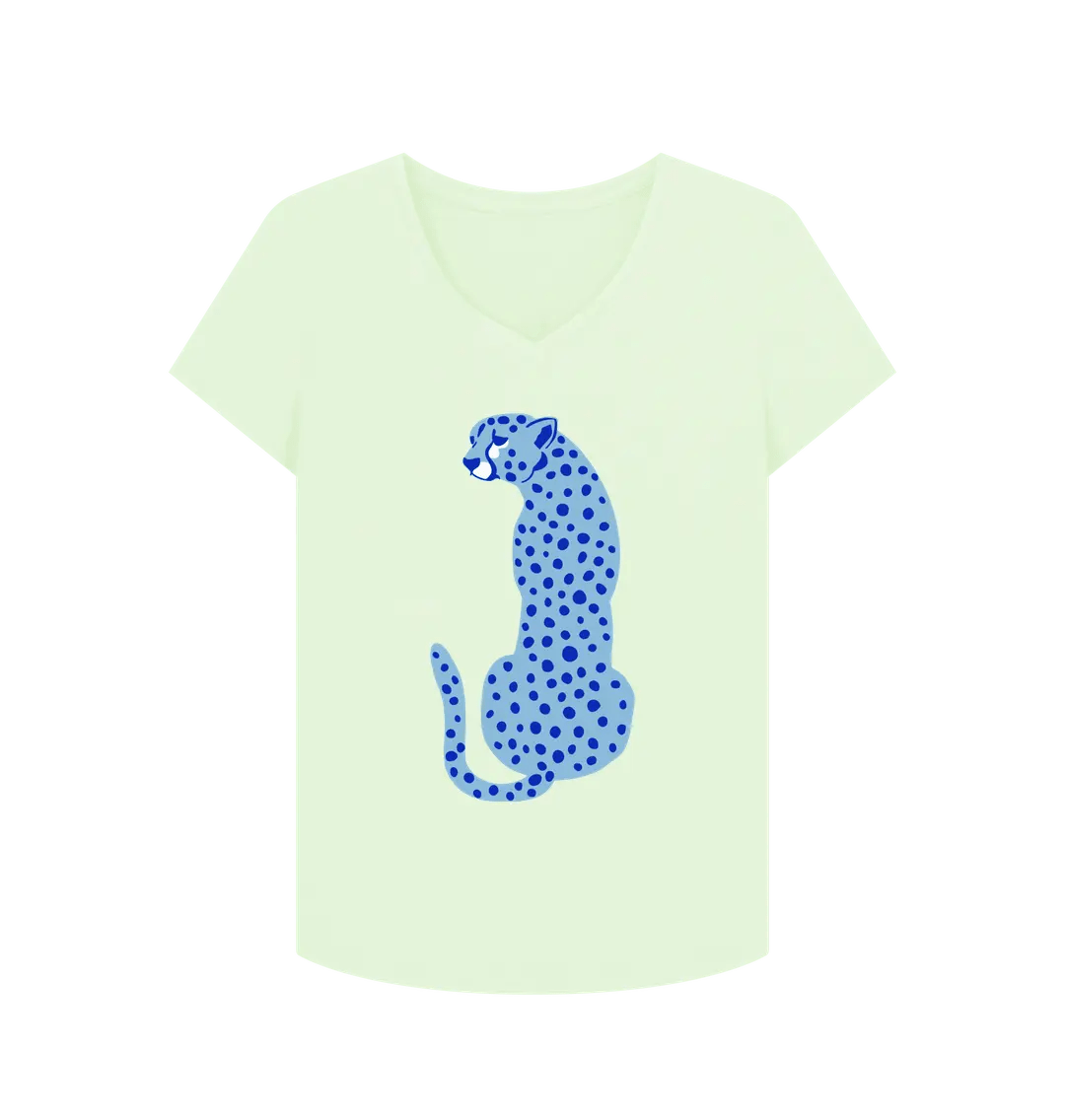 Blue Cheetah V Neck T-Shirt Pastel Green