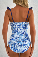 Blue Cutout Ruffled Spaghetti Strap One-Piece Swimsuit