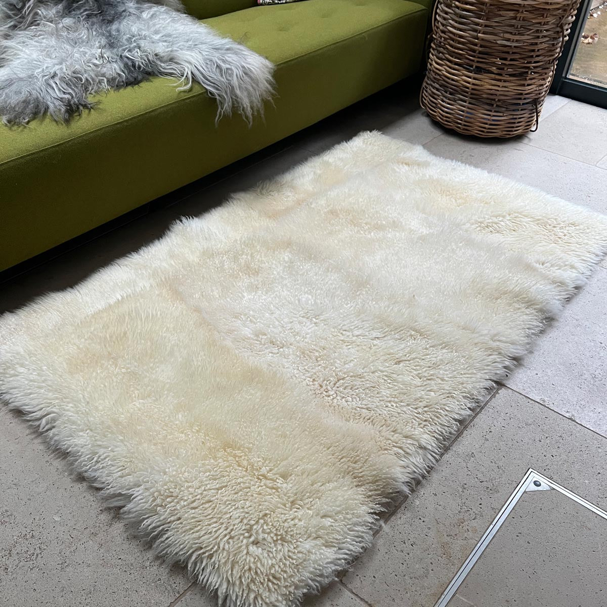 British White Curly Rectangular Rug 90cm x 150cm