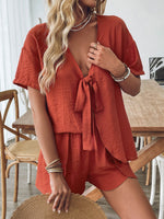 Burnt Orange Casual Ruffle Bow Tie Top Shorts Two-piece Shorts & Top Co-ord Set